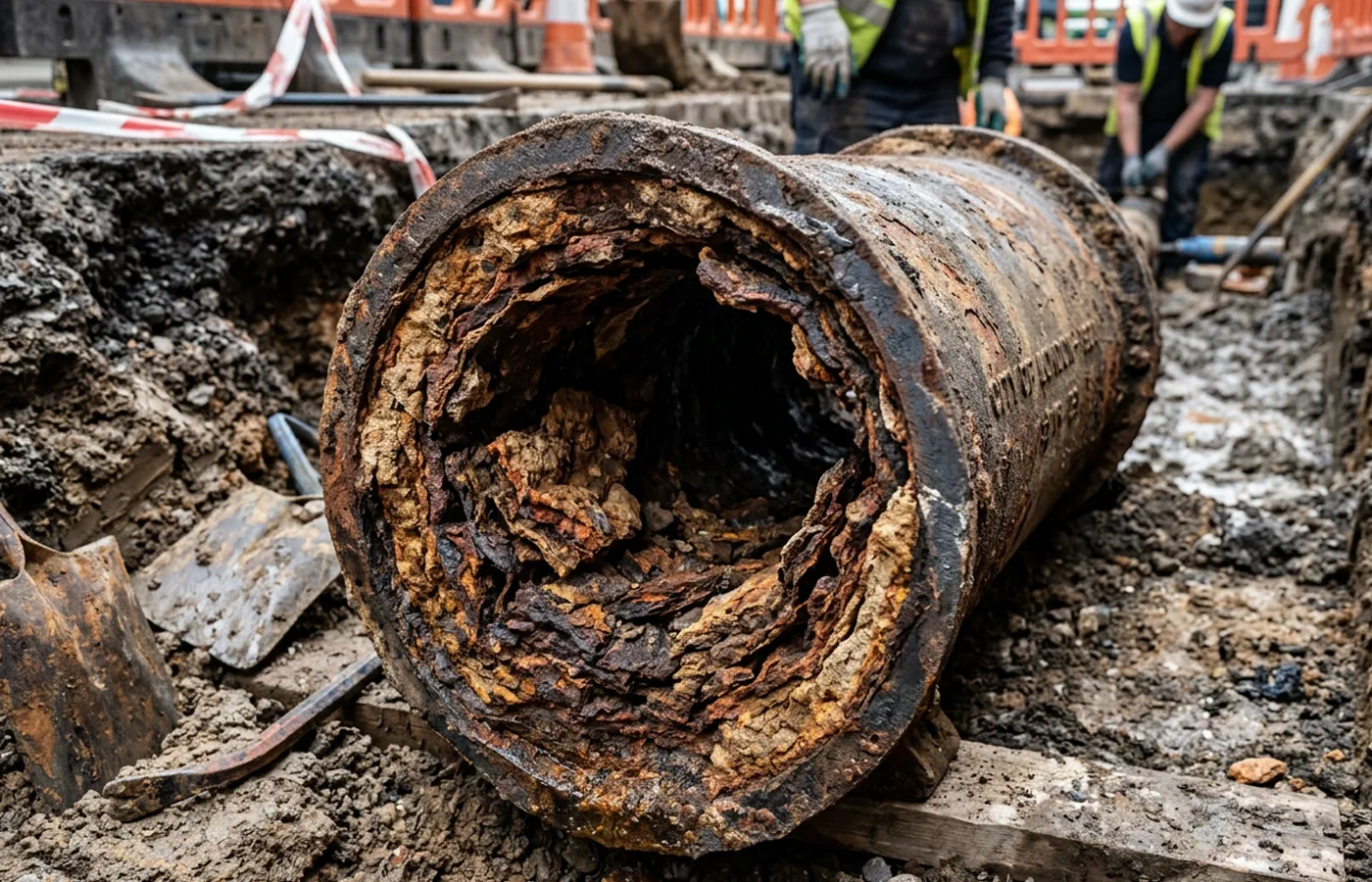 Cross-section of an old corroded water pipe with mineral buildup
