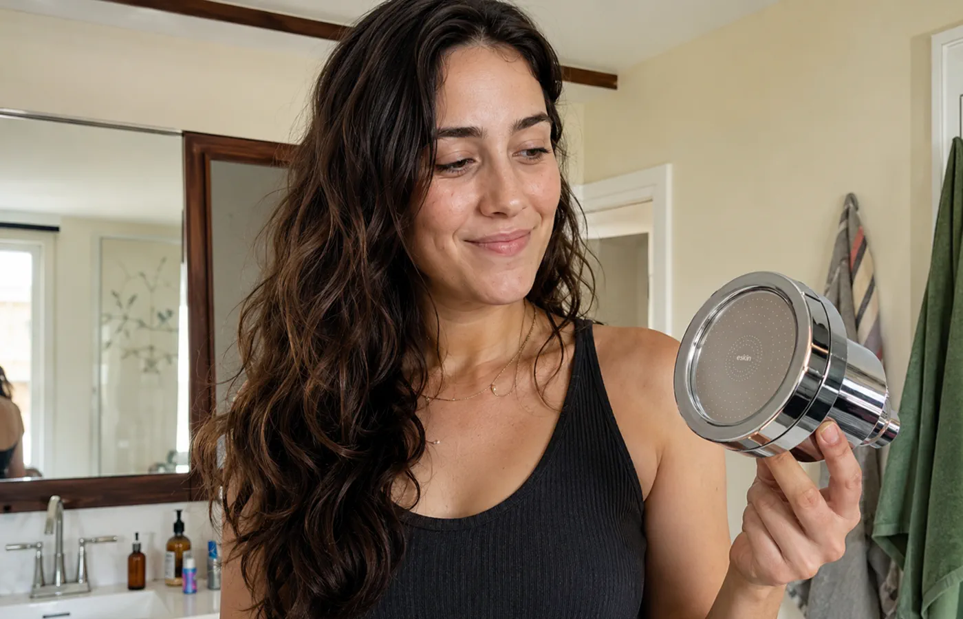 Dana holding the eskiin showerhead in her bathroom