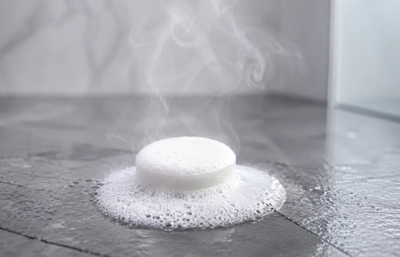 Eucalyptus shower steamer on the shower floor