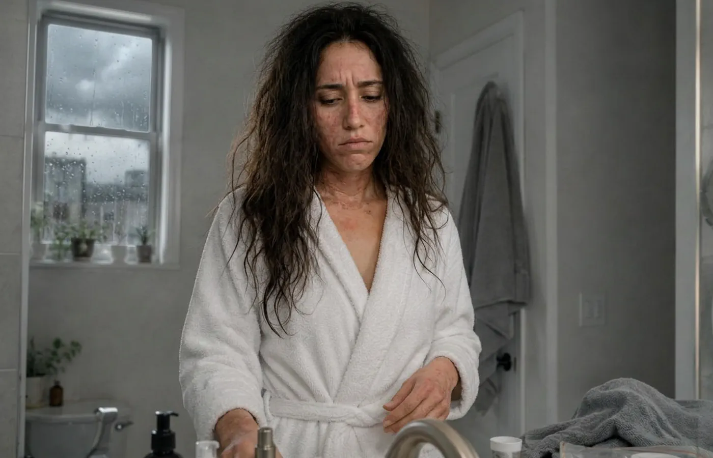 A rushed, ordinary grey morning shower