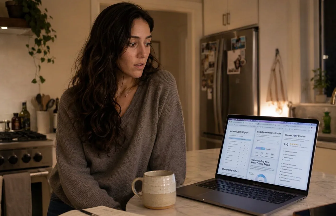Dana researching water reports and shower filters at her kitchen counter at night