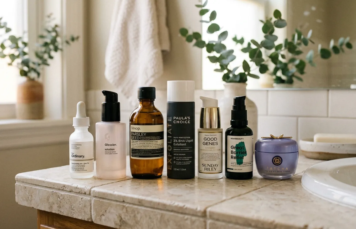 Skincare bottles lined up on a bathroom counter