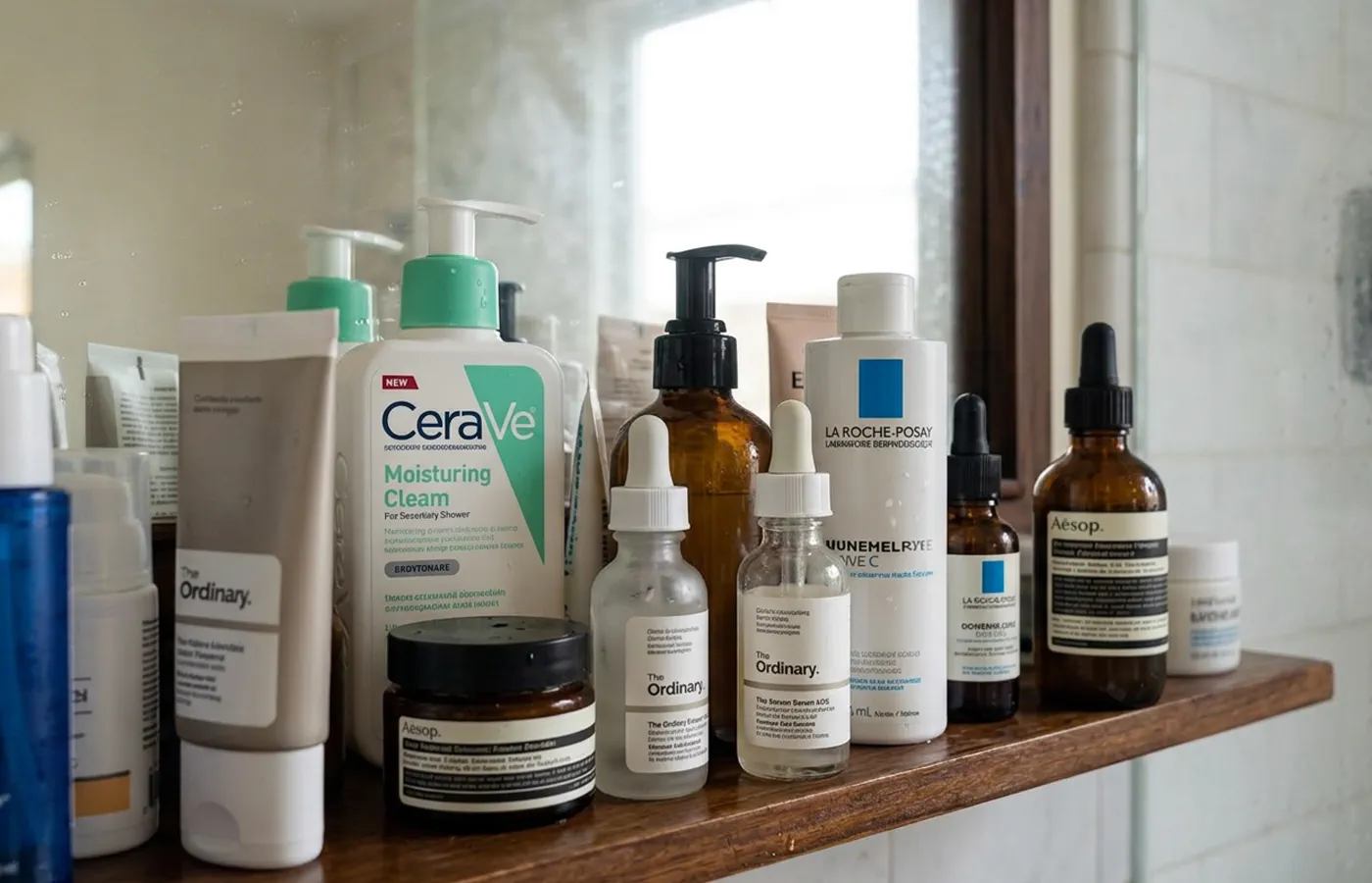 Skincare products on a bathroom shelf