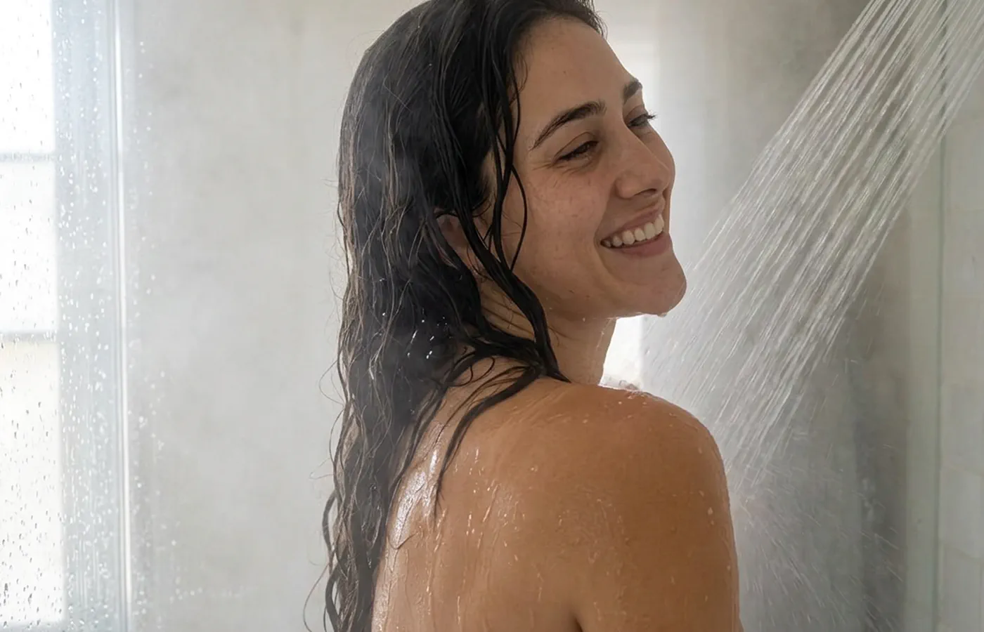 Dense shower water hitting a woman’s shoulders