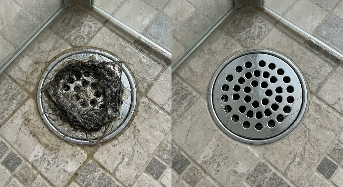 Side-by-side comparison of shower drain with hair loss versus clean drain