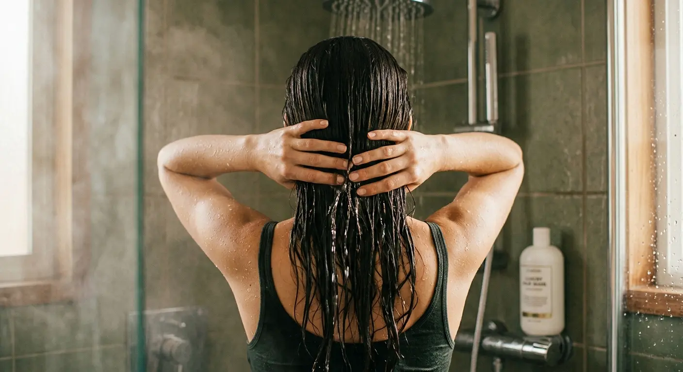 Woman running hands through wet hair in shower